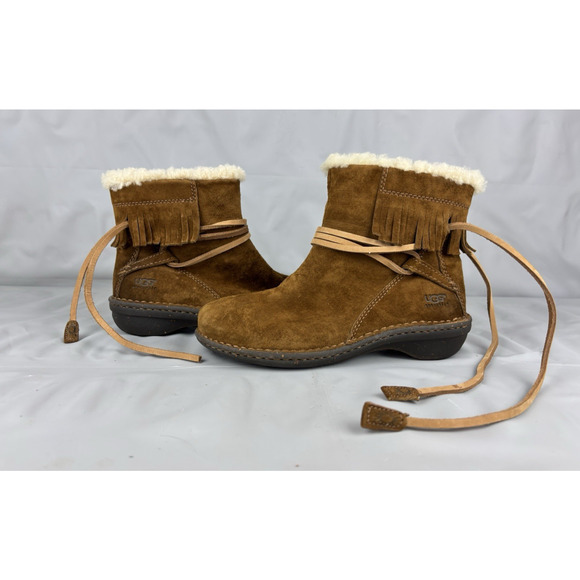 UGG Gaviota Ankle Boots Womens Size 6 EUR 37 Tan Suede Leather Sheepskin Fringe - Picture 13 of 16
